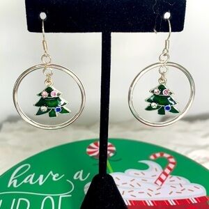 Christmas Tree Hoop Holiday Earrings - Silver Tone, Green, Rhinestones